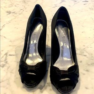 Black satin open toe heels